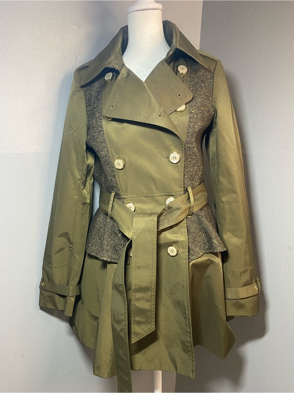 Steve Madden Olive Green Tweed Panel Peplum Trench Coat with Belt